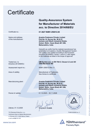 PED 2014/68/EU Certificate
