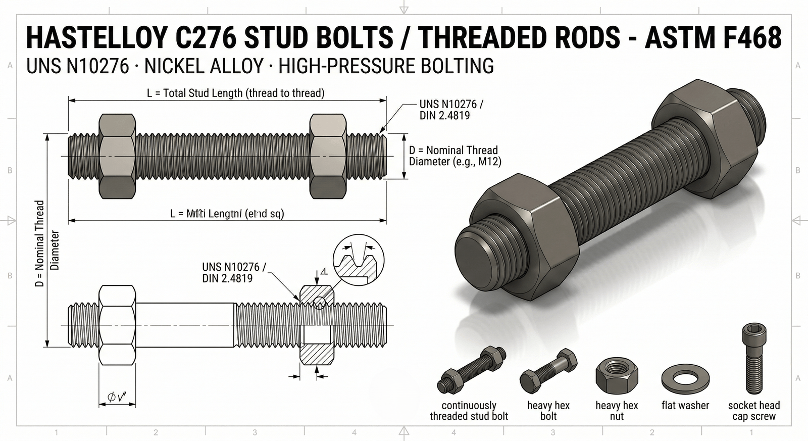 Hastelloy C276 Stud Bolt Continuous Thread CAD Drawing