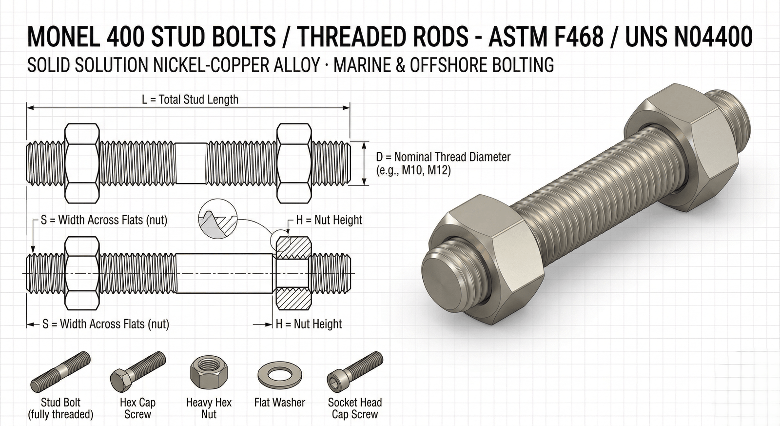 Monel 400 Stud Bolt Continuous Thread CAD Drawing