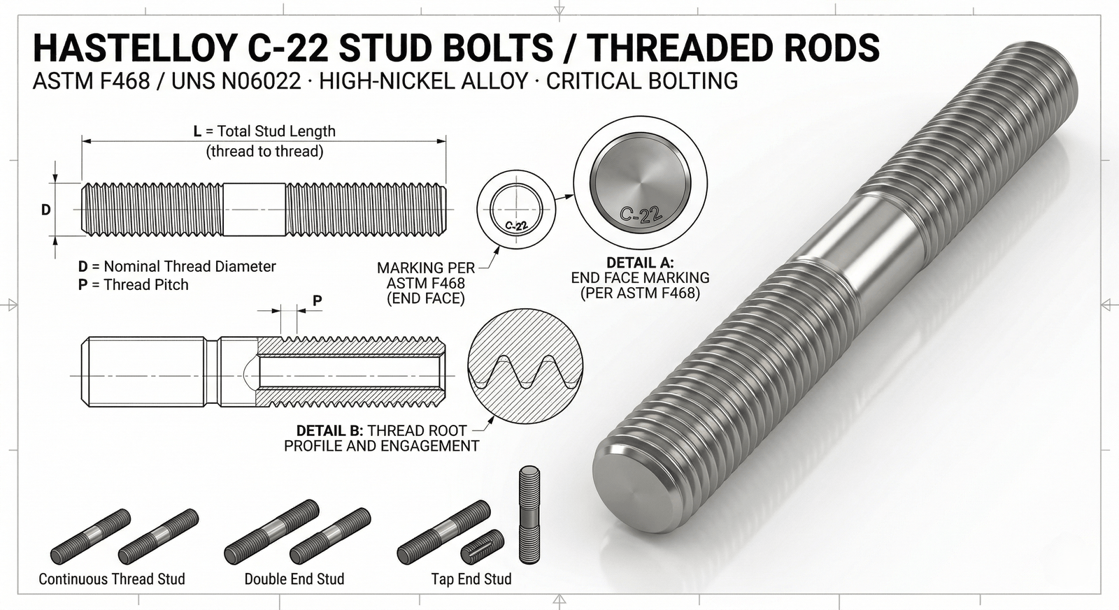 Hastelloy C-22 Stud Bolt Continuous Thread CAD Drawing