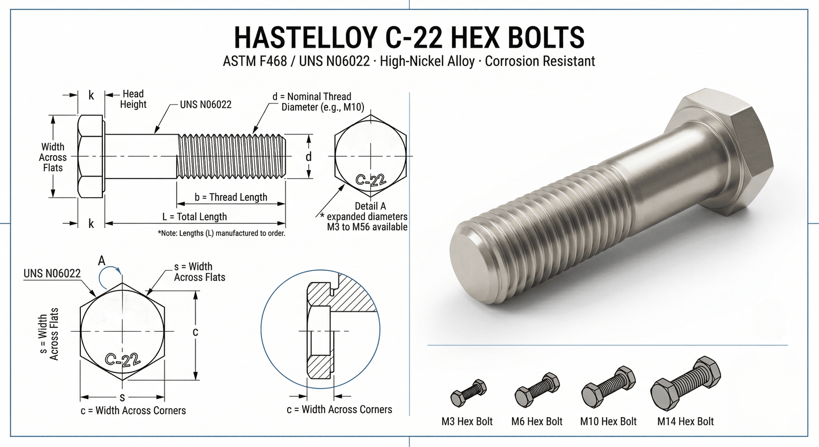 Hastelloy C-22 Hex Bolt CAD Drawing