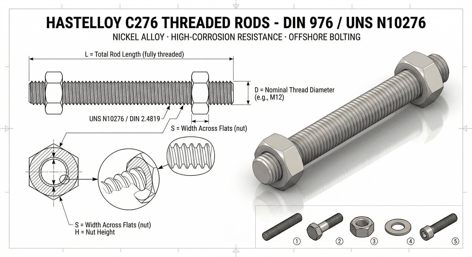 Hastelloy C276 Threaded Rod Continuous Thread CAD Drawing
