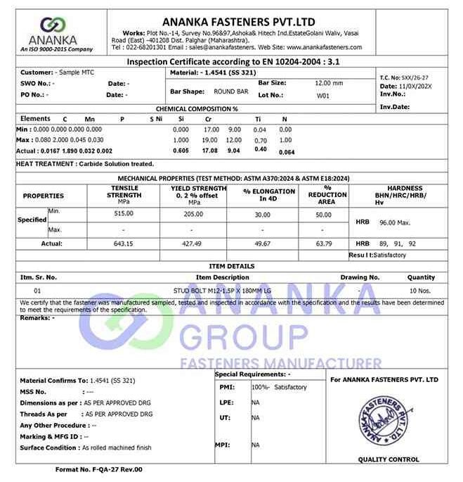 SS321 EN 10204 3.1 Sample Material Test Certificate preview