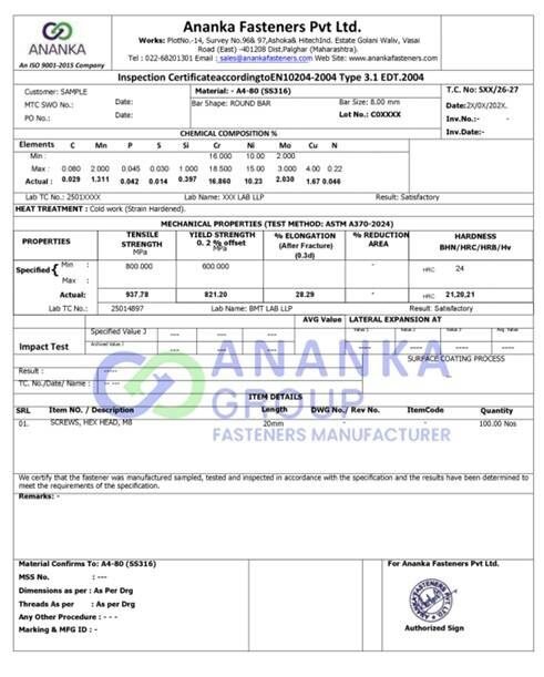 SS316 A4-80 EN 10204 3.1 Sample Material Test Certificate preview