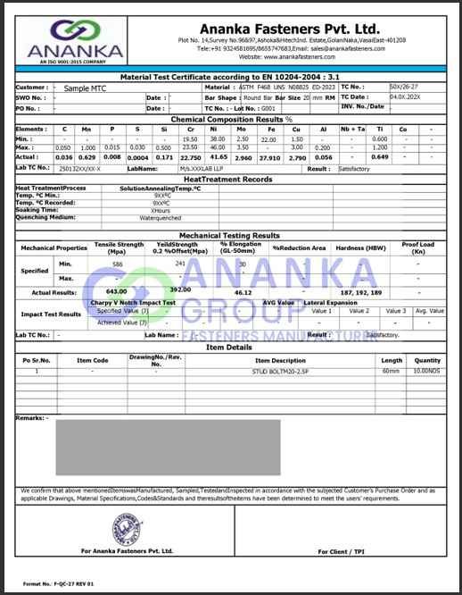 Inconel 825 Sample Material Test Certificate preview