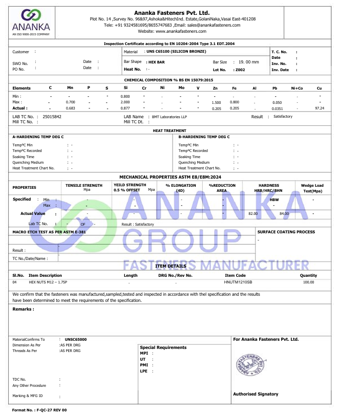 Silicon Bronze C65100 EN 10204 3.1 Sample MTC preview