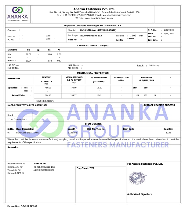 Aluminum Bronze C95200 EN 10204 3.1 Sample MTC preview