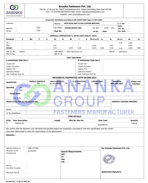 Copper Beryllium C17200 EN 10204 3.1 Sample MTC preview