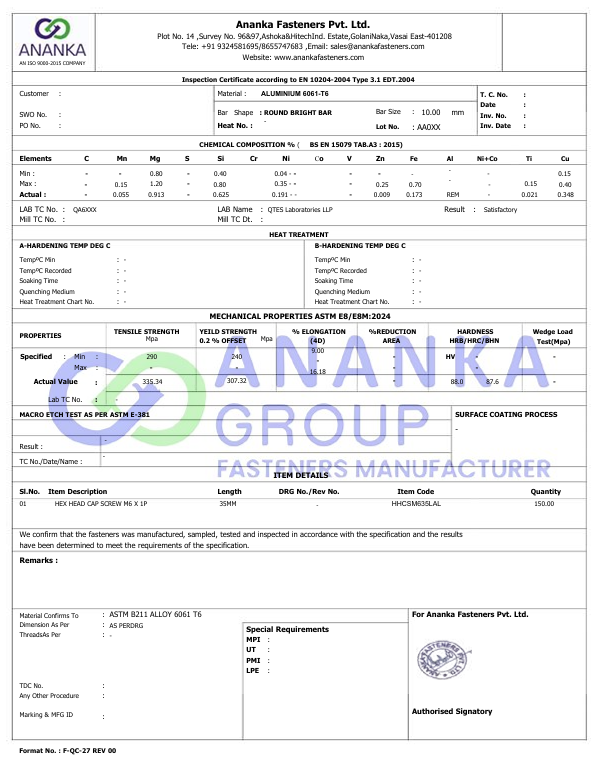 Aluminum 6061-T6 EN 10204 3.1 Sample Material Test Certificate preview