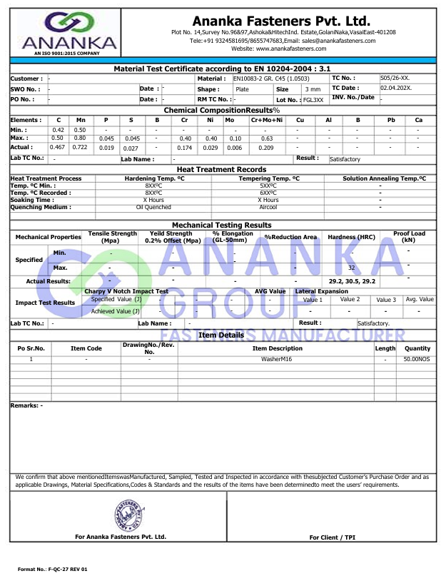Grade C45 EN 10204 3.1 Sample MTC preview