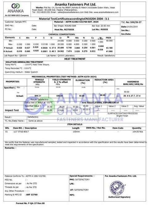 Super Duplex S32760 EN 10204 3.1 Sample MTC preview