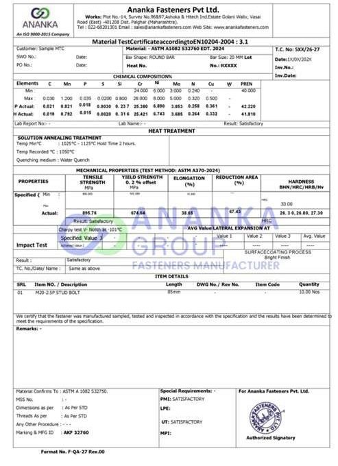 Super Duplex 2507 EN 10204 3.1 Sample Material Test Certificate preview