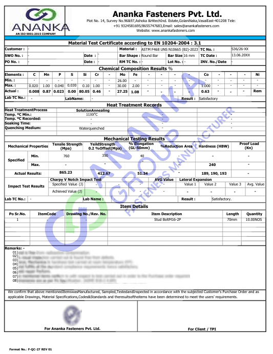 Hastelloy B2 EN 10204 3.1 Sample Material Test Certificate preview
