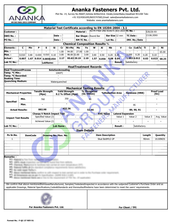 Hastelloy B3 EN 10204 3.1 Sample Material Test Certificate preview