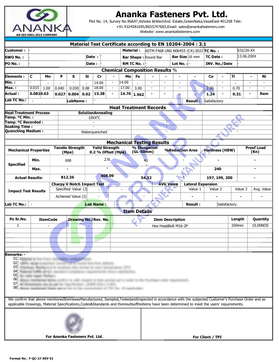 Hastelloy C4 EN 10204 3.1 Sample Material Test Certificate preview