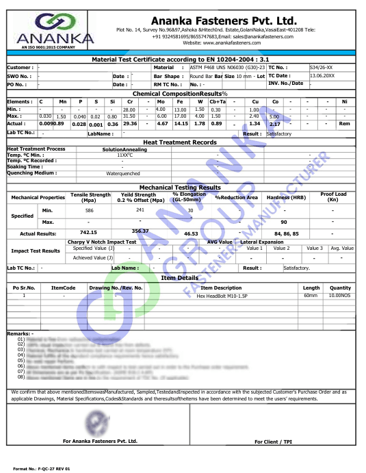 Hastelloy G30 EN 10204 3.1 Sample Material Test Certificate preview