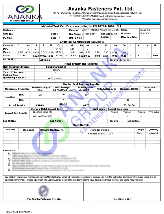 Hastelloy G35 EN 10204 3.1 Sample Material Test Certificate preview
