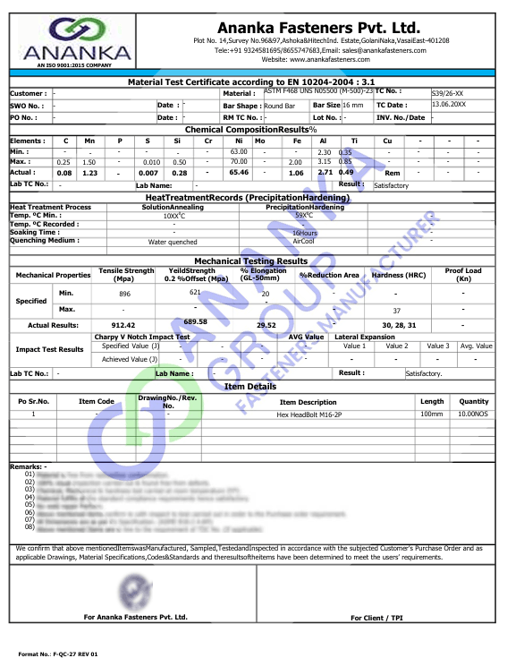 Monel K500 EN 10204 3.1 Sample Material Test Certificate preview