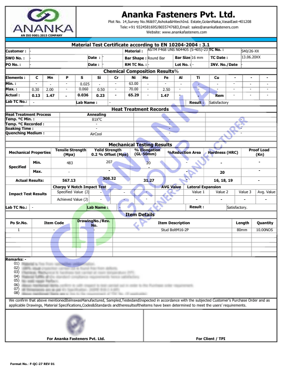 Monel R-405 EN 10204 3.1 Sample Material Test Certificate preview