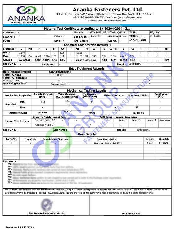 Hastelloy N EN 10204 3.1 Sample Material Test Certificate preview
