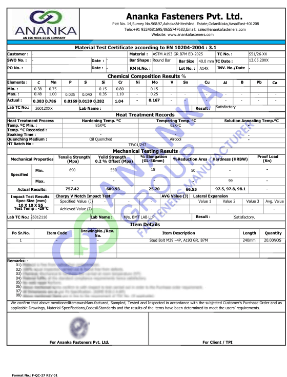 ASTM A193 Grade B7M EN 10204 3.1 Sample Material Test Certificate preview