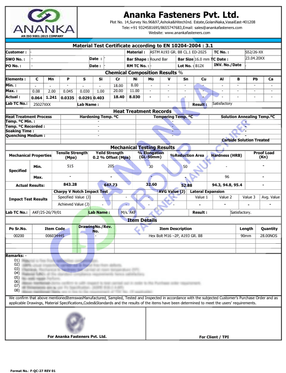 ASTM A193 Grade B8 Class 1 EN 10204 3.1 Sample Material Test Certificate preview