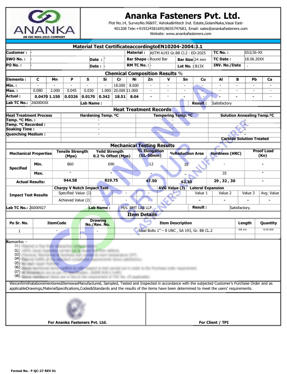 ASTM A193 B8 Cl 2 EN 10204 3.1 Sample Material Test Certificate preview