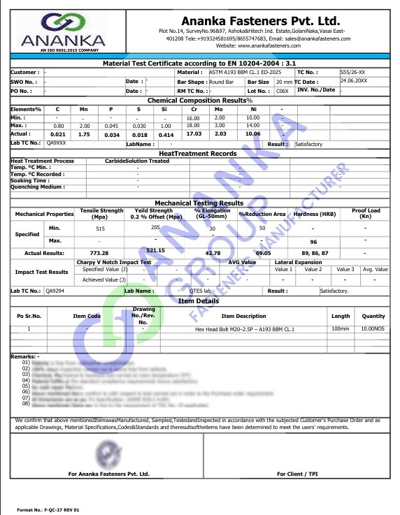 ASTM A193 Grade B8M Class 1 EN 10204 3.1 Sample Material Test Certificate preview