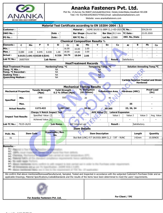 ASTM A193 Grade B8M Class 2 EN 10204 3.1 Sample Material Test Certificate preview