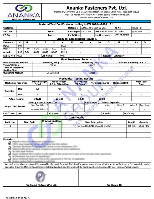 ASTM A193 Grade B6X EN 10204 3.1 Sample Material Test Certificate preview
