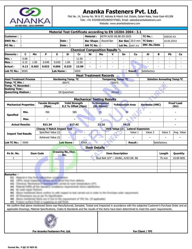 ASTM A193 Grade B6 EN 10204 3.1 Sample Material Test Certificate preview