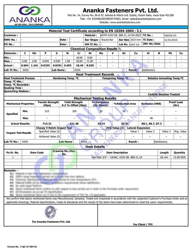 ASTM A193 Grade B8A EN 10204 3.1 Sample Material Test Certificate preview