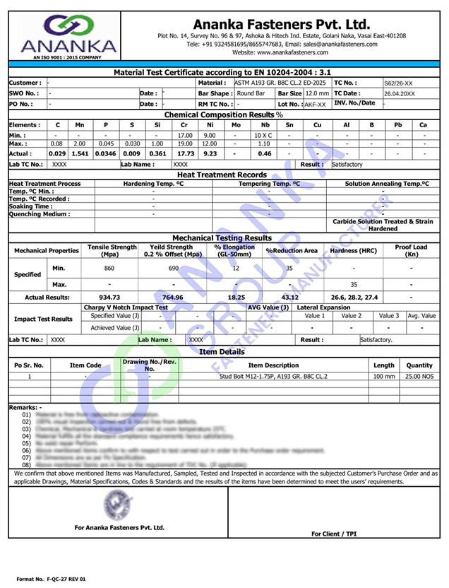 ASTM A193 Grade B8C and B8CA EN 10204 3.1 Sample Material Test Certificate preview