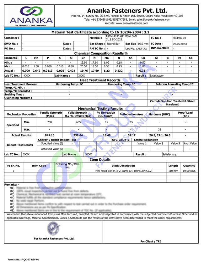 ASTM A193 Grade B8MLCuN EN 10204 3.1 Sample Material Test Certificate preview