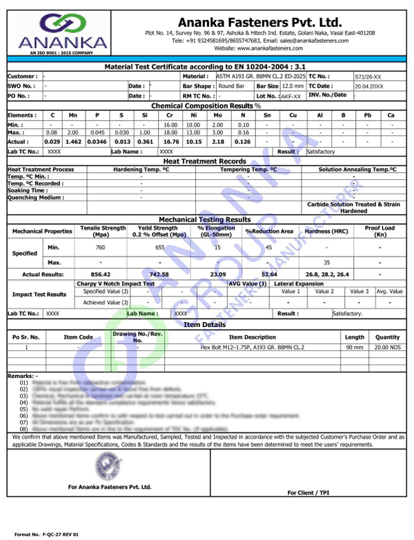ASTM A193 Grade B8MN and B8MNA EN 10204 3.1 Sample Material Test Certificate preview