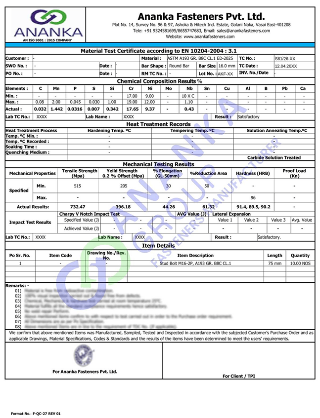 ASTM A193 Grade B8N and B8NA EN 10204 3.1 Sample Material Test Certificate preview