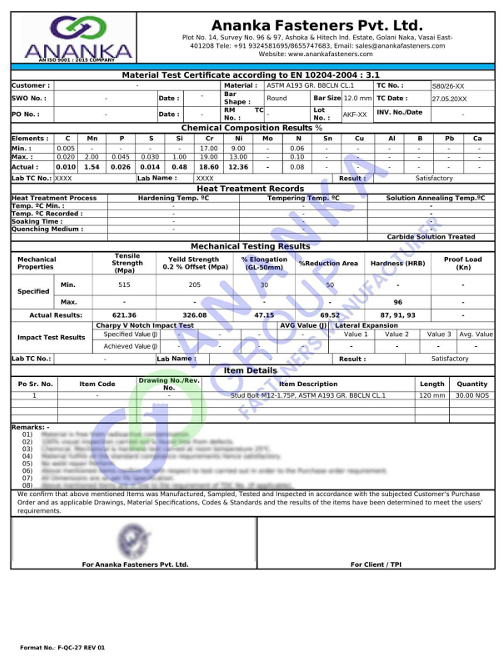 ASTM A193 Grade B8CLN and B8CLNA EN 10204 3.1 Sample Material Test Certificate preview