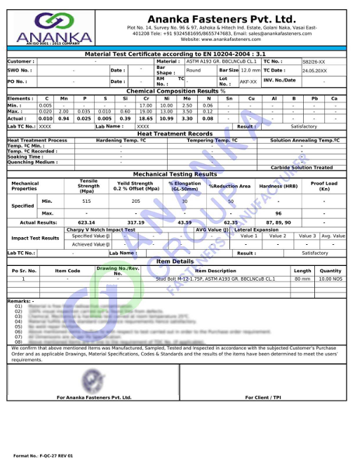ASTM A193 Grade B8CLNCuB and B8CLNCuBA EN 10204 3.1 Sample Material Test Certificate preview
