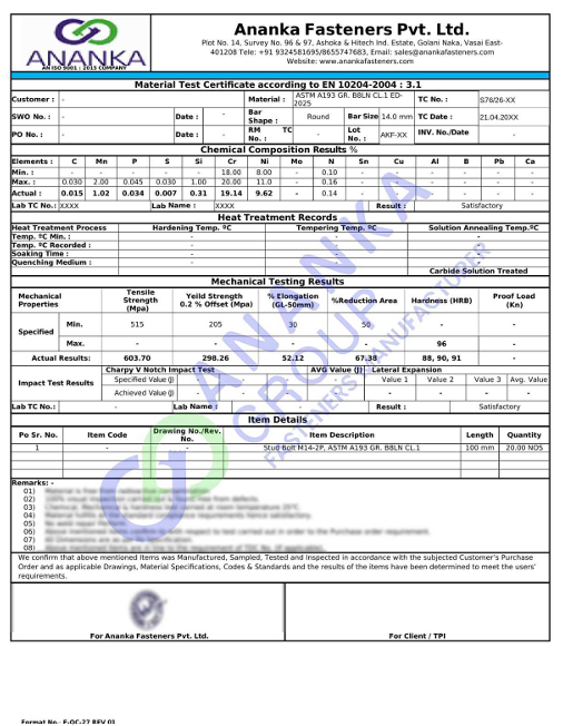 ASTM A193 Grade B8LN and B8LNA EN 10204 3.1 Sample Material Test Certificate preview