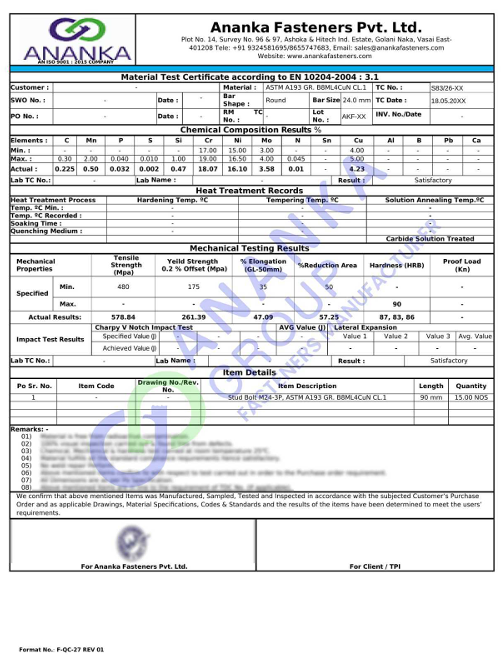 ASTM A193 Grade B8ML4CuN and B8ML4CuNA EN 10204 3.1 Sample Material Test Certificate preview