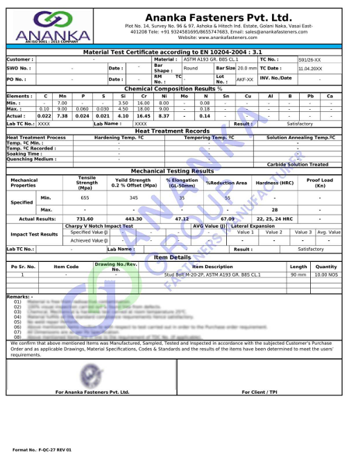 ASTM A193 Grade B8S and B8SA EN 10204 3.1 Sample Material Test Certificate preview