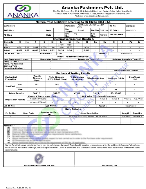 ASTM A193 Grade B8T and B8TA EN 10204 3.1 Sample Material Test Certificate preview