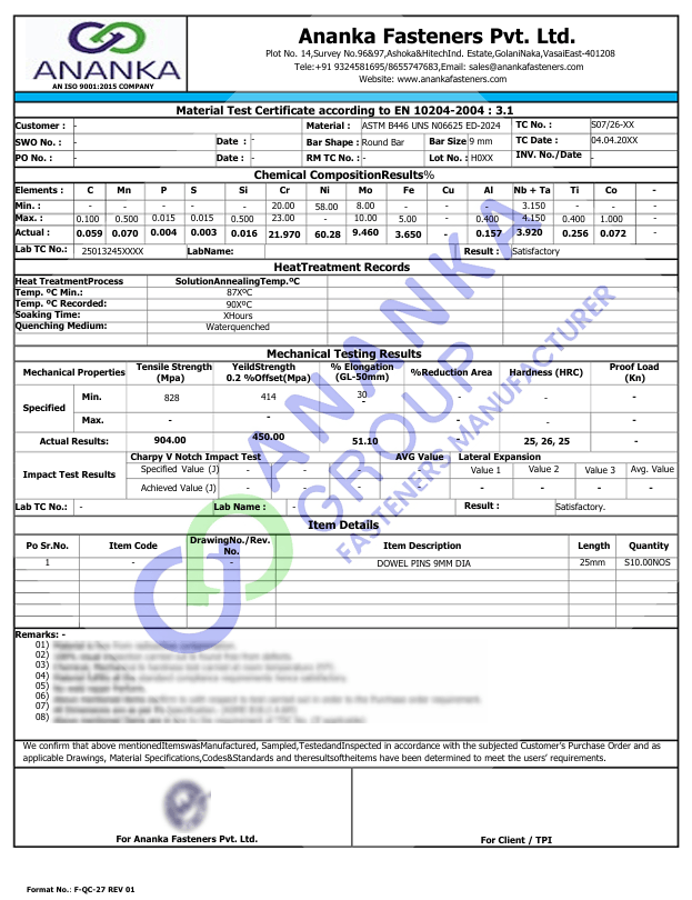 Inconel 625 EN 10204 3.1 Sample Material Test Certificate preview