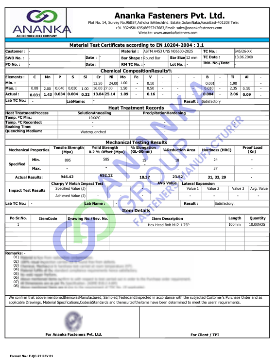 Inconel 660 EN 10204 3.1 Sample Material Test Certificate preview