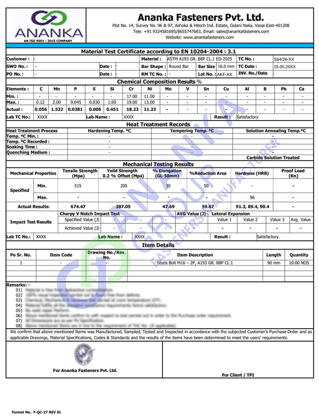 ASTM A193 Grade B8P and B8PA EN 10204 3.1 Sample Material Test Certificate preview