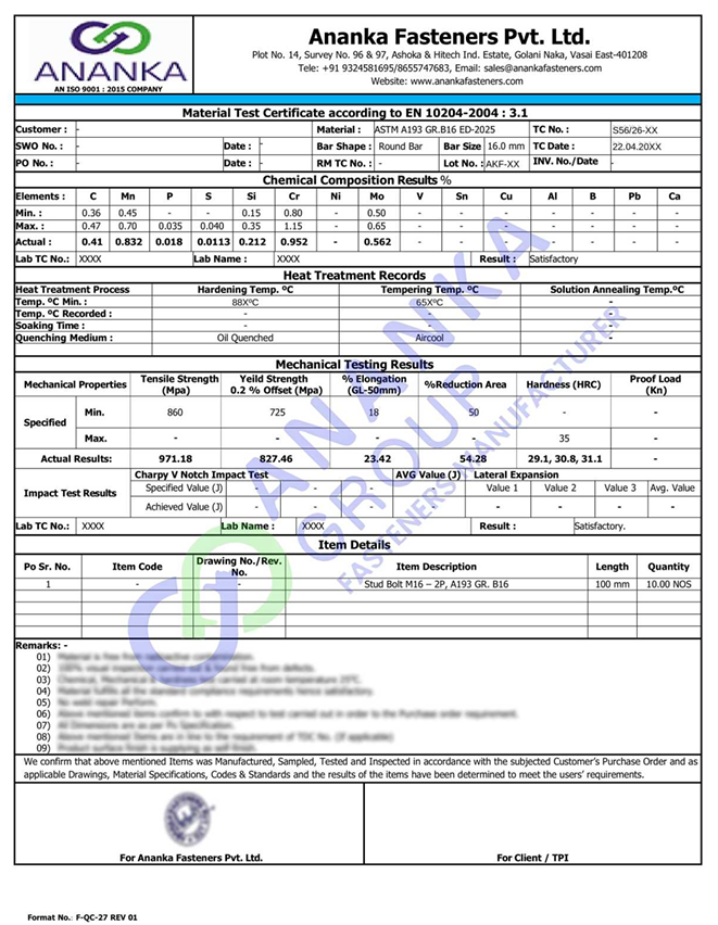 ASTM A193 Grade B16 EN 10204 3.1 Sample Material Test Certificate preview
