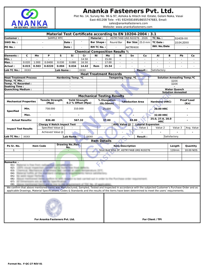 Hastelloy C276 EN 10204 3.1 Sample Material Test Certificate preview