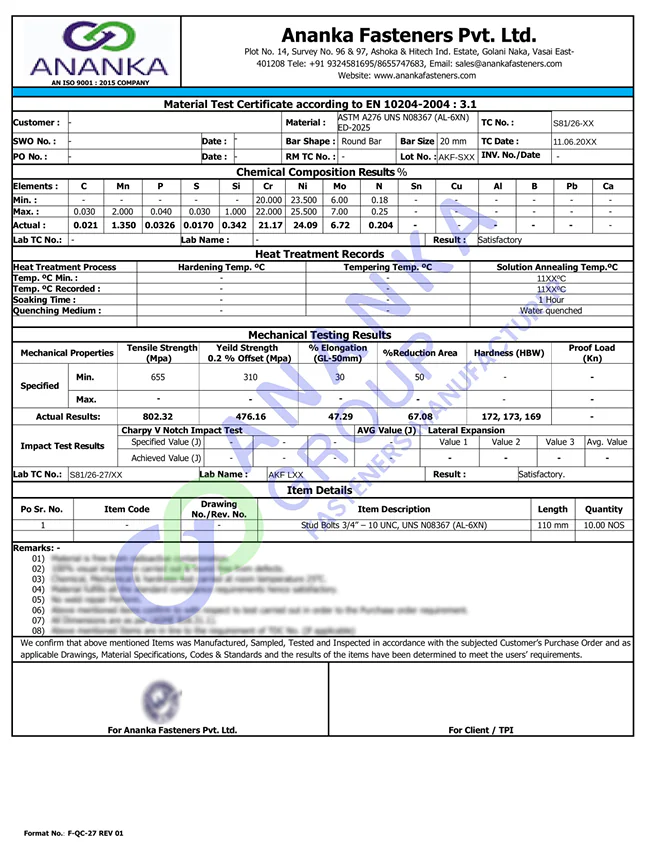 AL-6XN EN 10204 3.1 Sample Material Test Certificate preview