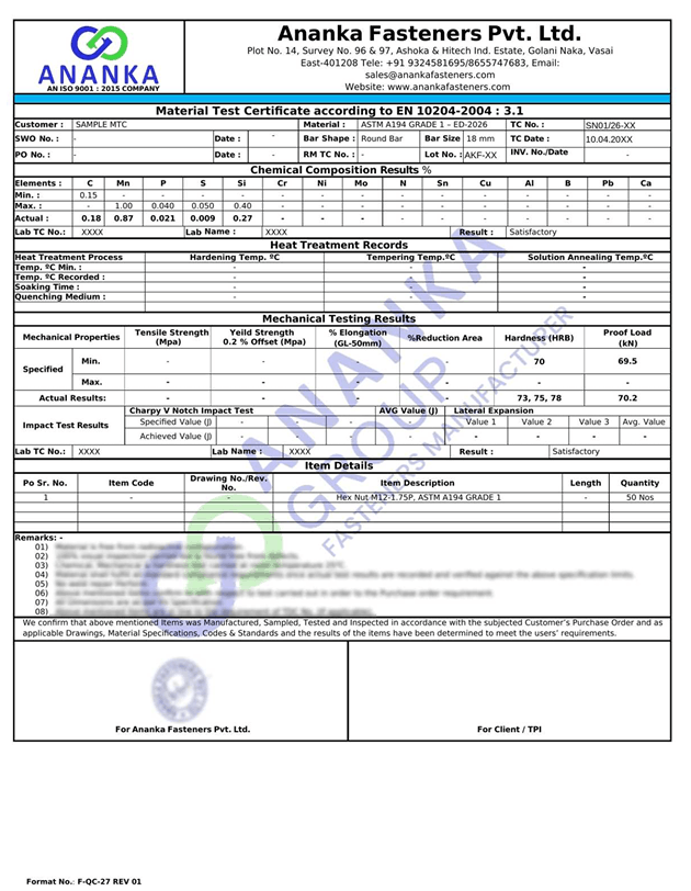 ASTM A194 Grade 1 EN 10204 3.1 Sample Material Test Certificate preview