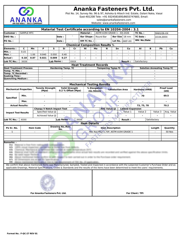 ASTM A194 Grade 1 EN 10204 3.1 Sample Material Test Certificate preview